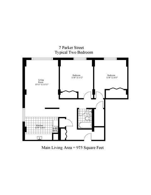 Floor plan for 2 beds, 1 bath, 975 sqft